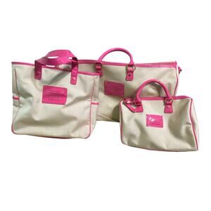 Victorias Secret 3 Piece Canvas Travel Bag Set Duffle Tote Satchel VS Logo Chic